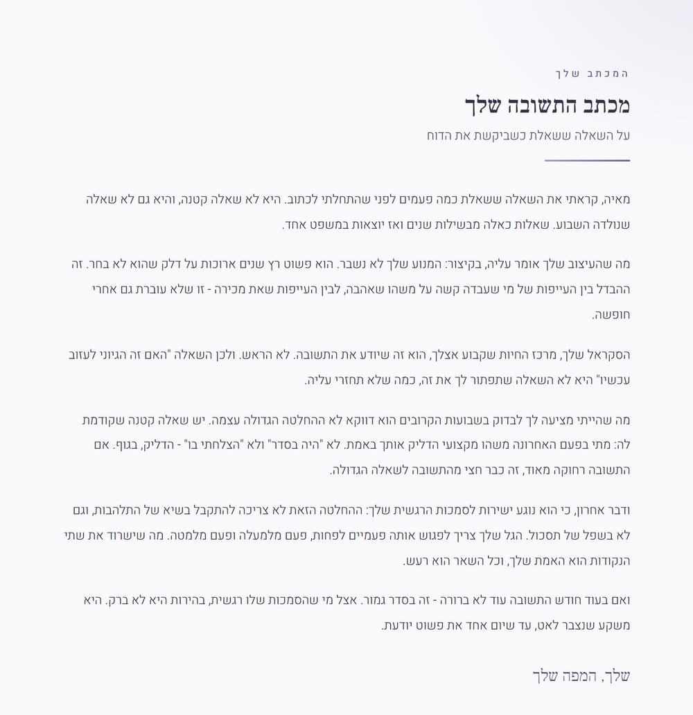 עמוד מכתב התשובה מתוך דוח הדוגמה